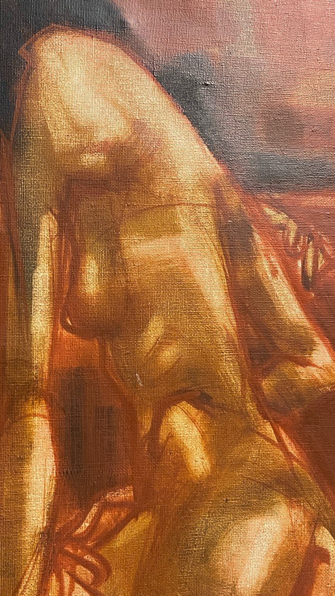 Francis Verlinden, tableau " femmes nues ", scène cabaret, huile sur toile, 1970-photo-1